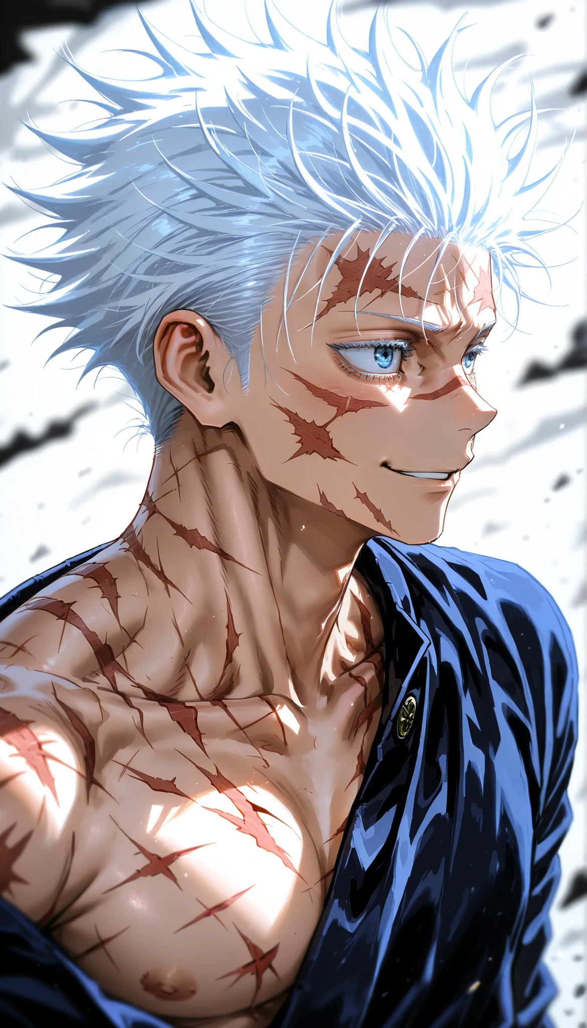 depth of field, high definition image,a lot of details,Gojo de Jujutsu Kaisen ,white hair,blue eyes,facial scars,(many cuts on the face),smile,Determined Look,cuts on the chest and neck,(profile) frontal