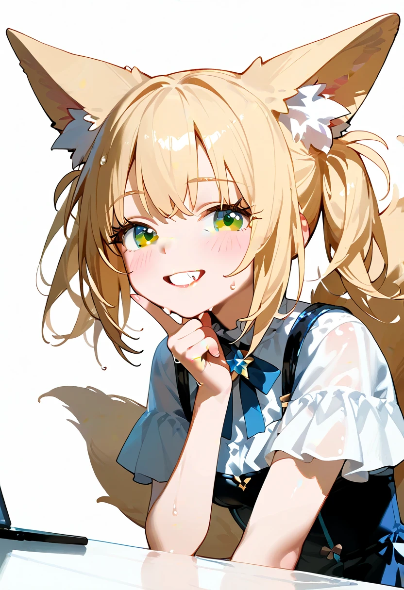 1girl, animal ear fluff, animal ears, bangs, bare shoulders, blonde hair, blush, bow, breasts, clothing cutout, dress, fox ears, fox girl, fox tail, green eyes, hair between eyes, hair bow, hair intakes, heterochromia, long hair, looking at viewer, navel, orange bow, parted lips, shirt, side ponytail, skirt, sleeveless, small breasts, solo, sparkle, stuffed animal, stuffed toy, tail, upper body, white background, white shirt, yellow eyes