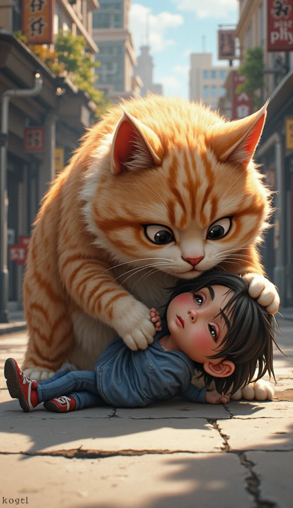 Ek child  jisne red t-shirts and nikkar pehna h  rote huye ginger muscular cat ke gale lgta h   seen road ka h   