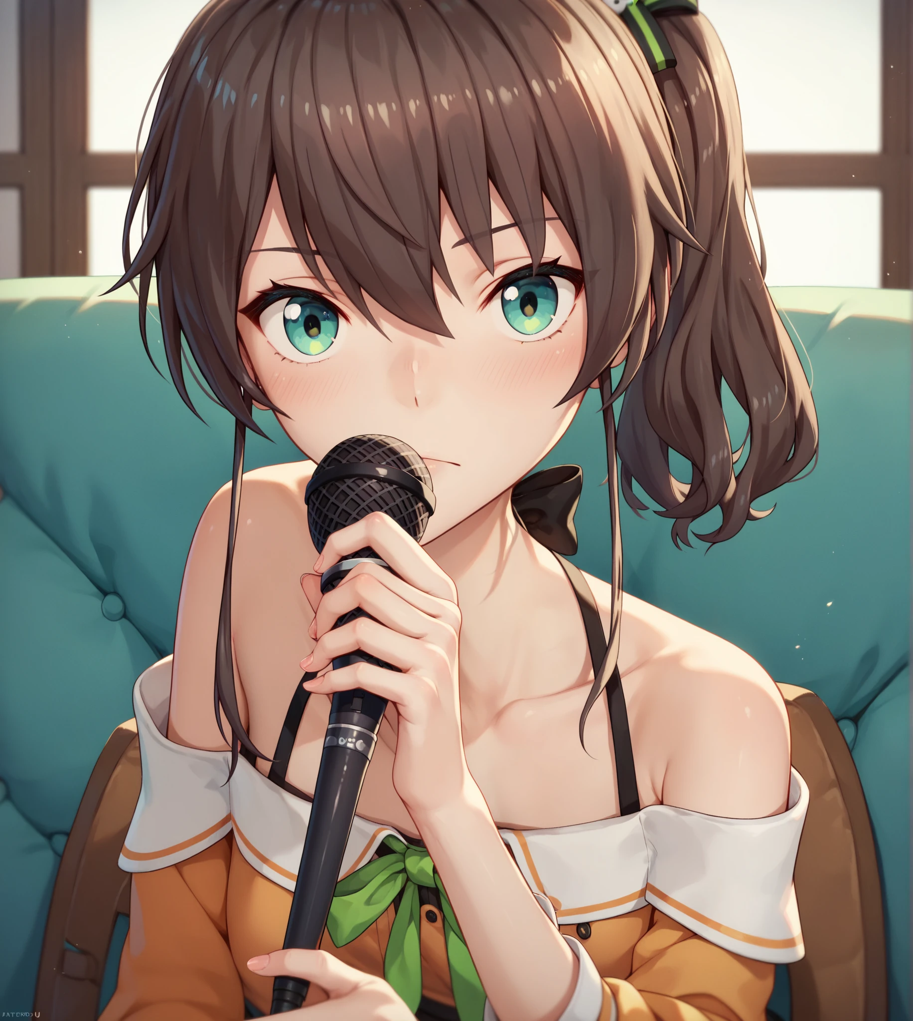 Namatsuri, 1girl, staring at the viewer, Sitting, SCORE_9, SCORE_8_UP, SCORE_7_UP, talking in front of the「summer color festival」。talking in front of the stand microphone which is broadcast online。In the room where the computer is located。