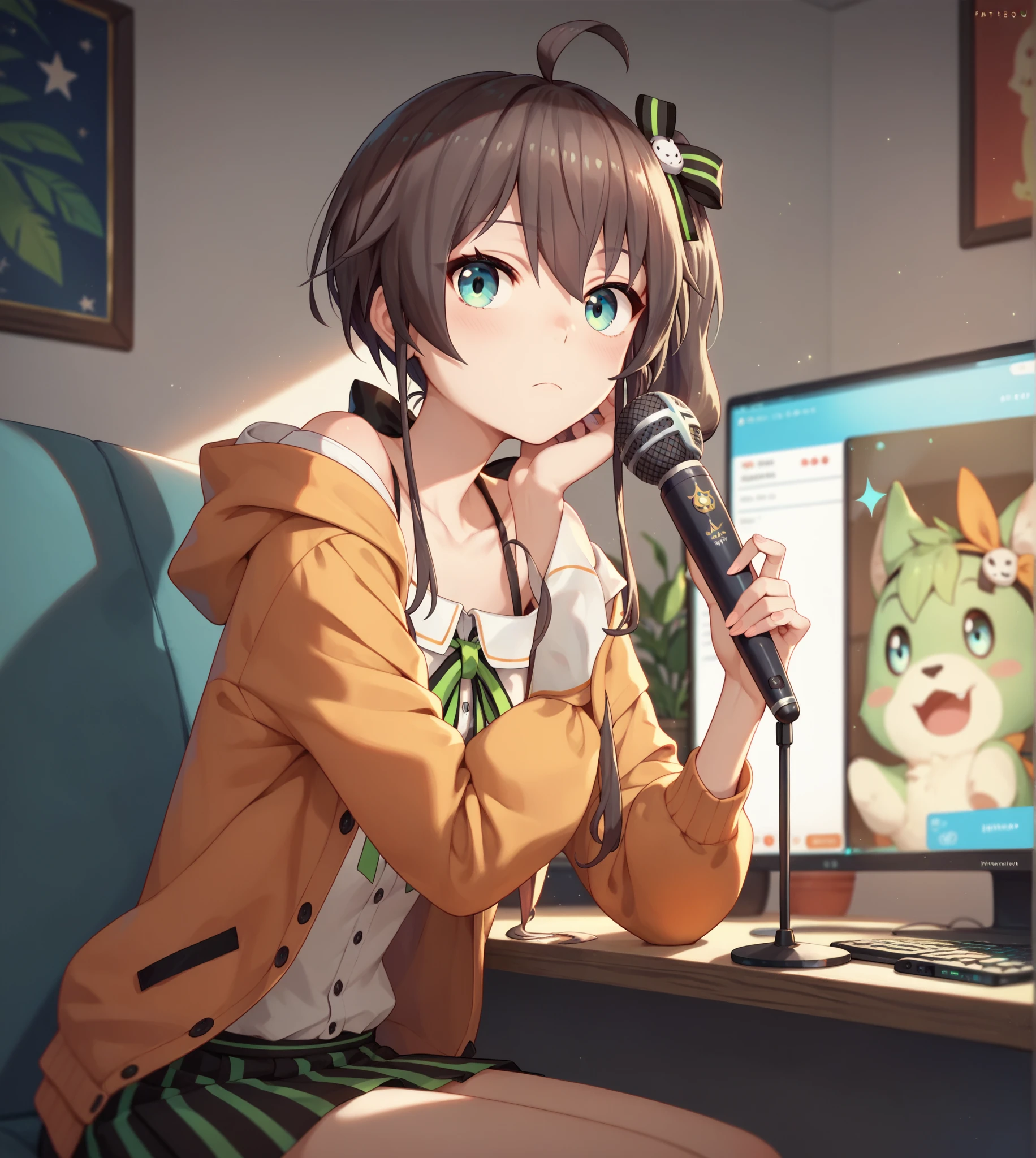  Namatsuri, 1girl, staring at the viewer, Sitting, SCORE_9, SCORE_8_UP, SCORE_7_UP, talking in front of the「summer color festival」。talking in front of the stand microphone which is broadcast online。In the room where the computer is located。