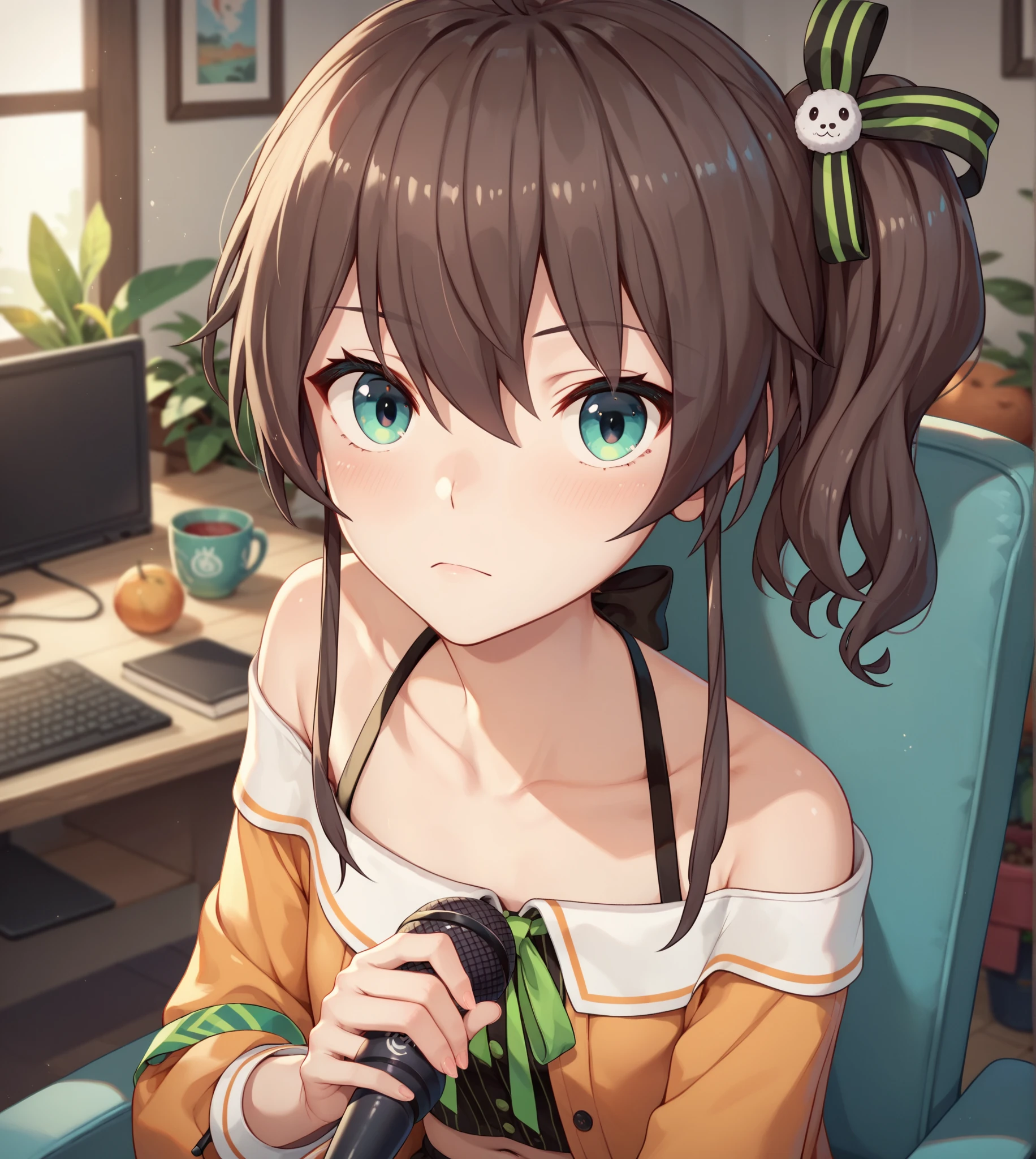  Namatsuri, 1girl, staring at the viewer, Sitting, SCORE_9, SCORE_8_UP, SCORE_7_UP, talking in front of the「summer color festival」。talking in front of the stand microphone which is broadcast online。In the room where the computer is located。