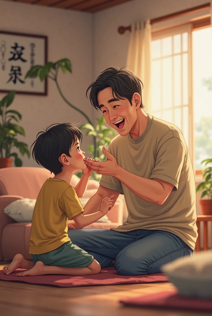 A boy using a credit card and his father caught him