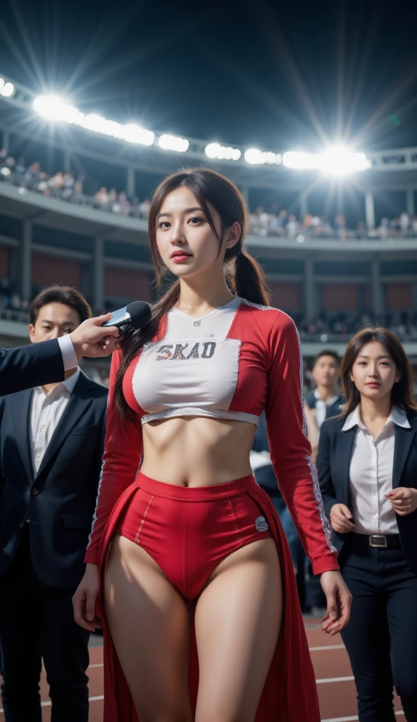 Full body nude photo, beautiful asian girls, 24 years old ,super model,cute face,full make up ,long curl hair , big brown eyes, high nose , medium breast , slender body ,170 cm tall, absolutely nake ,nude ,shaved pussy  , standing on the boxing stage ,wearing mitt, turn body toward the viewer