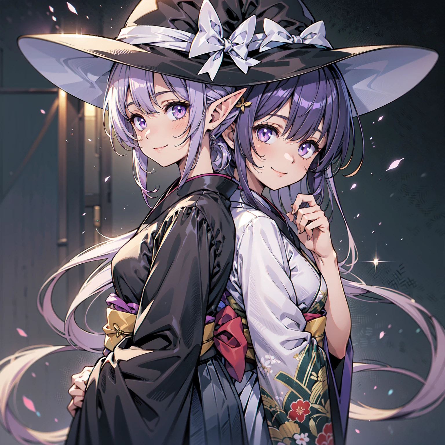 Purple hair, green eyes in anime style, fluffy panda ears, long hair, cute sexy black dress, beautiful, moon, green accessories, sparkles, freckles