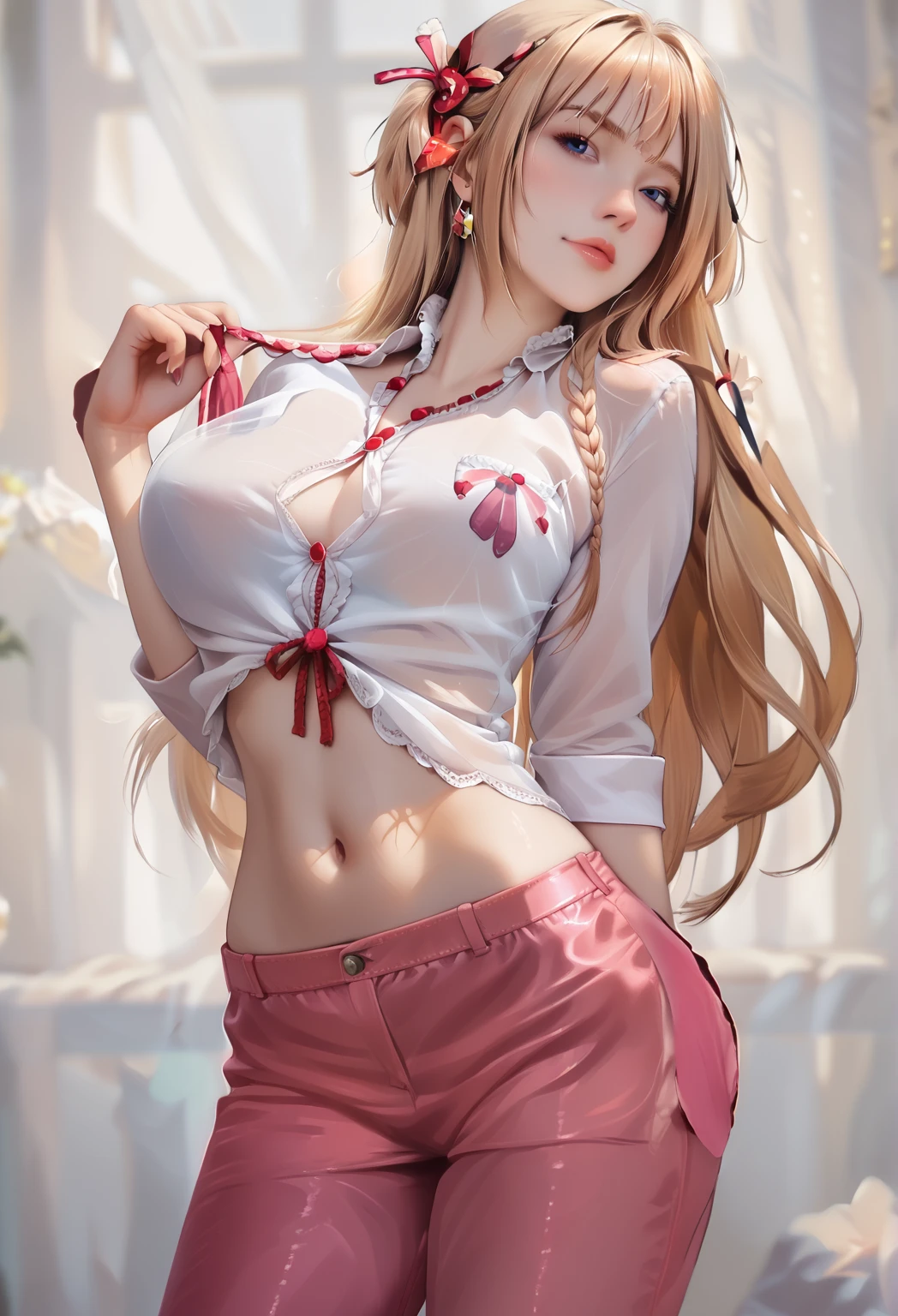 (highest quality,High resolution,masterpiece:1.2),Very detailed,Realistic,Portraiture,(((Red knit dress, Keyhole Turtleneck, Off Holder))),Black boots, Spring cherry blossoms, Bright colors, Warm lighting, ((Very long ponytail, Super long blonde hair, Intricately braided hair, Braid to the end, All of your hair is visible)), Starry Sky, Bare thighs, bare navel, Blushed:2.4, Large Necklace, Snow Scene, Sweater with open chest, Belly button piercing, ((Camel Toe)), ((See-through nipple piercing)), virgin killer sweater, Open your mouth、Drooling、M-shaped legs、Cover your chest with your hands、