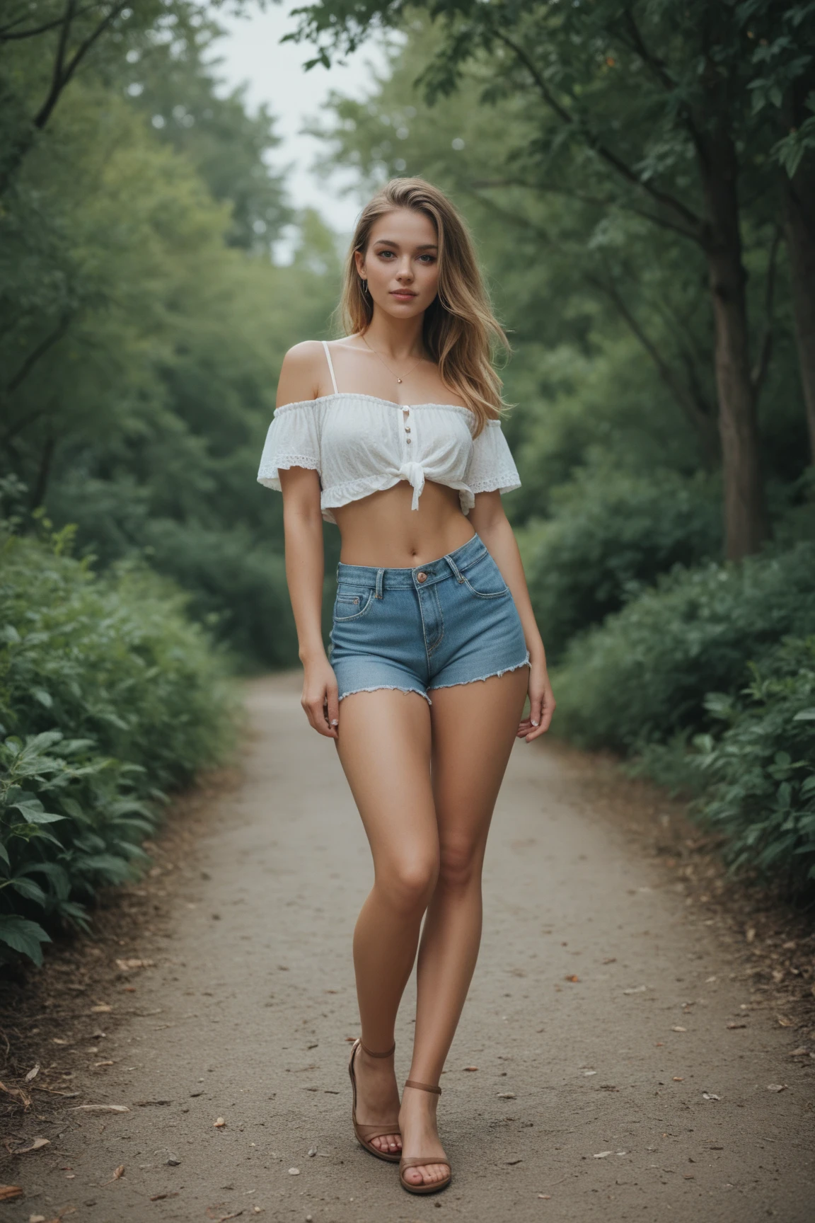 obra de arte, Melhor qualidade, hiperrealista, cinematic photo, mulher de ,pale skin, French amazing slim body, regata cinza, thigh shorts, bare feet, Cabelo castanho ondulado, pernas grandes, quadris largos, perfect hands, rosto bonito, rosto perfeito, linda garota francesa, jovem, Sorriso, (fundo desfocado), estilo moderno, from bebaixo, (baixo-angle shoot), baixo_angle_humano, Agachado, (Ver visualizador), olhando para o espectador, filmagem frontal, (8k, epic composition, Fotorrealista, sharp focus), fundo sofisticado, jardim, luz solar, raios solares, dslr, Leaf Grain