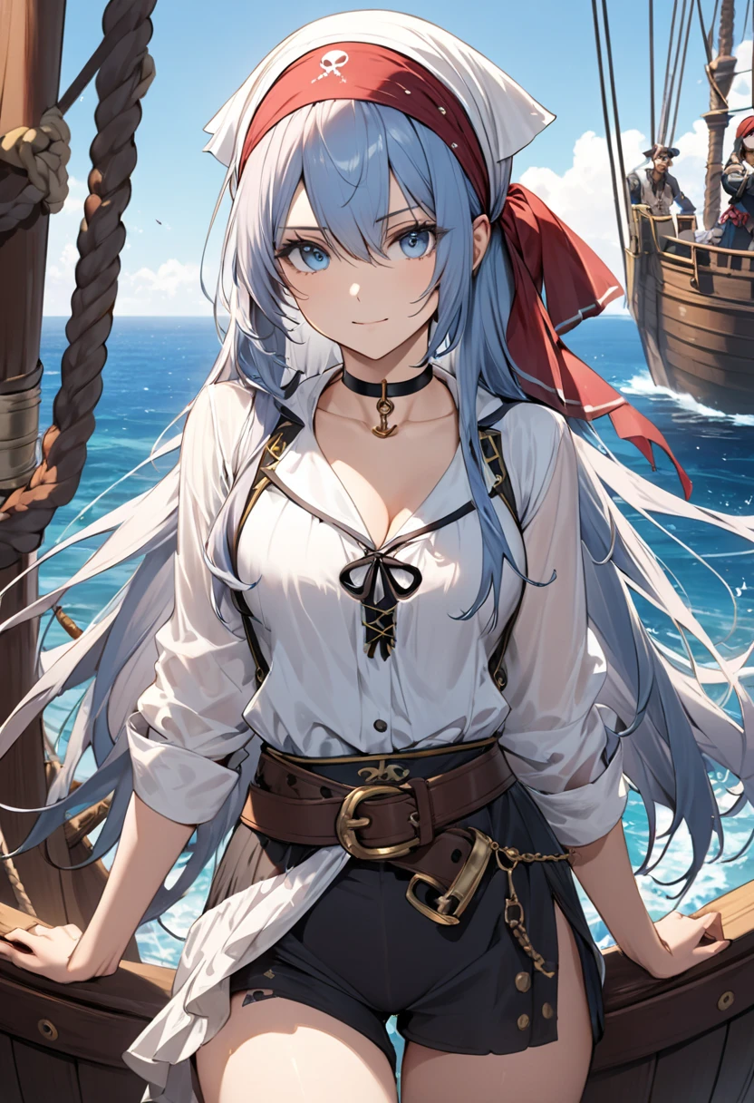 Atlas Fayon woman 20 years old, white hair with black stripes, blue eyes like sapphires, SMILE, blush, big breasts. dressed as a pirate, pirate clothes, neckline, background a pirate ship in the middle of the ocean.