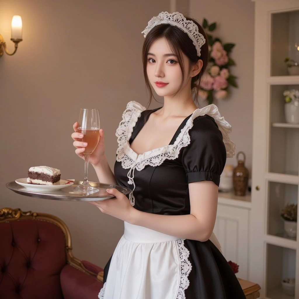 (((Best Quality, masutepiece, 超A high resolution、The most complex and detailed depictions、awardwinning, 8K)))、(1 Beautiful Maid、Half Japan and half Spanish in one、A detailed face、Perfect fingers、Graceful standing、luxury castle kitchen、Cake making、while making a cake、some fruits、bowl、Tray、sweets making equipment、pinafore、perfect hand、Slimed、Super sophisticated ovens and cookware、Vibrant colors、Cozy lighting, Perfect kitchen with attention to detail、antique kitchen、luxury gothic kitchen、1800 vintage、luxury castle kitchen、face perfect、Crisp face、perfect hand)、(Gorgeous Victorian Maid Dresses、Black and white maid outfit with luxurious long skirt、Huge black and white maid dress、Black and white maid dresses、Black and white maid dresses、with frills、Big apron and black and white maid outfit)、((Very complex and detailed background、Crisp and detailed background、Highly complex and detailed textures、Highly detailed hairstyles))、(Emphasize body lines、[large full breasts],stares at the camera、beautiful smiling face、Big smile、White and clean teeth、Looking at the camera)