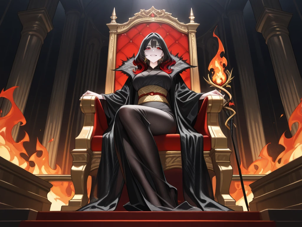 (ultra highres, 8k, best quality),masterpiece, high quality, beautiful lighting, evil queen, sitting, throne, (glowing red eyes), long fur robe, black hair, braids, large breasts, corruption, disgust, 1girl, horror, dimly lit, dark, facing viewer, front on, from below, looking down
