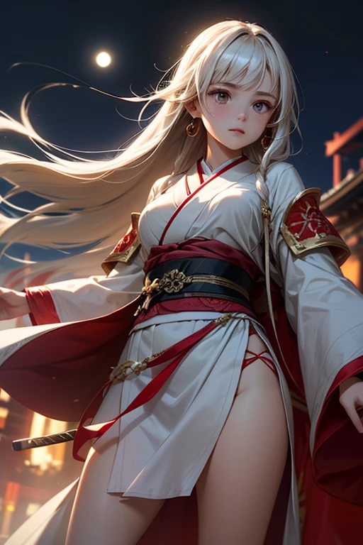 (Close-up:1.5),((1girl:1.5),curvy,petite,beautiful breasts,large breasts,pale skin,(pointy breasts),(erect nipples)),((realistic),8k,ultra hd,high resolution,best quality,masterpiece,(Sense of presence:1.5),(Dynamic:1.5),(bold:1.5)),((long hair),((thin hair:1.8)),(straight hair:1.5),(Swept bangs:1.5),(extra light coppery amber hair),(hair over one eye)),(clothed:1.5),(leather boots,(leather armor),(embroidered miko,see through)),(fighting image:1.2)