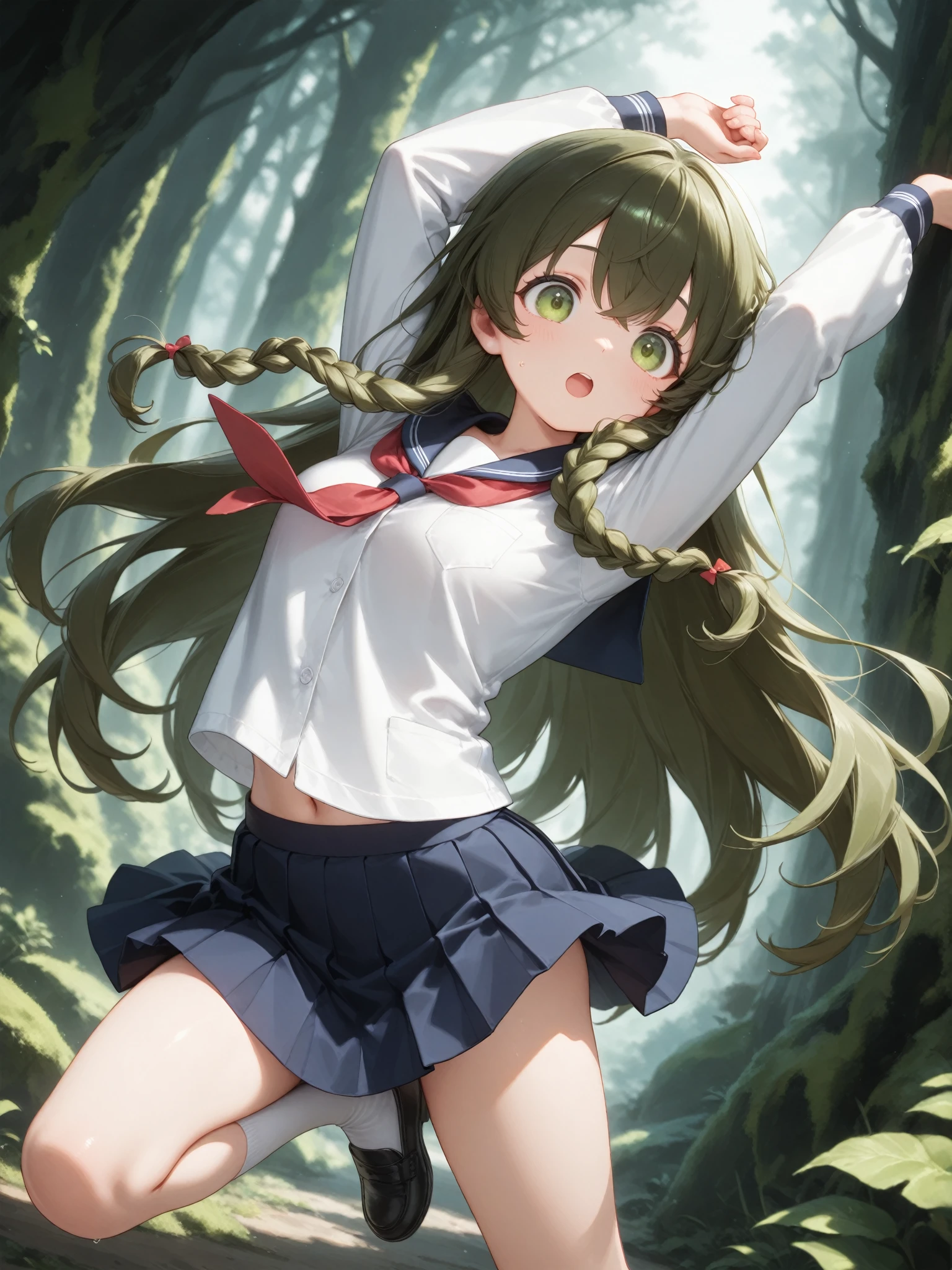 (((((whole body)))))、Utsuho、Green pleated skirt、smile,、Cowboy Shot、 standing on one leg ,leg_lift,panties,standing_split、
