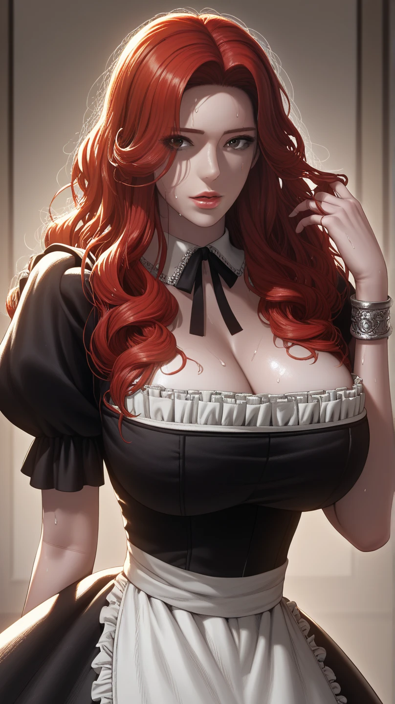 Rias Gremory is a character with crimson hair, her long strands fall elegantly down her back, contrasting with her pale skin and mesmerizing amber eyes, slim and beautiful body. She exudes confidence and charm with her haughty posture. Wearing a tailored red school uniform, her pleated skirt falls in harmony with her open fitted white blouse. A black ribbon tied around her neck complements the ensemble, highlighting her aura of authority and sophistication. Her accessories include black gloves that highlight her delicate hands. , in high resolution, detailed, HD quality.