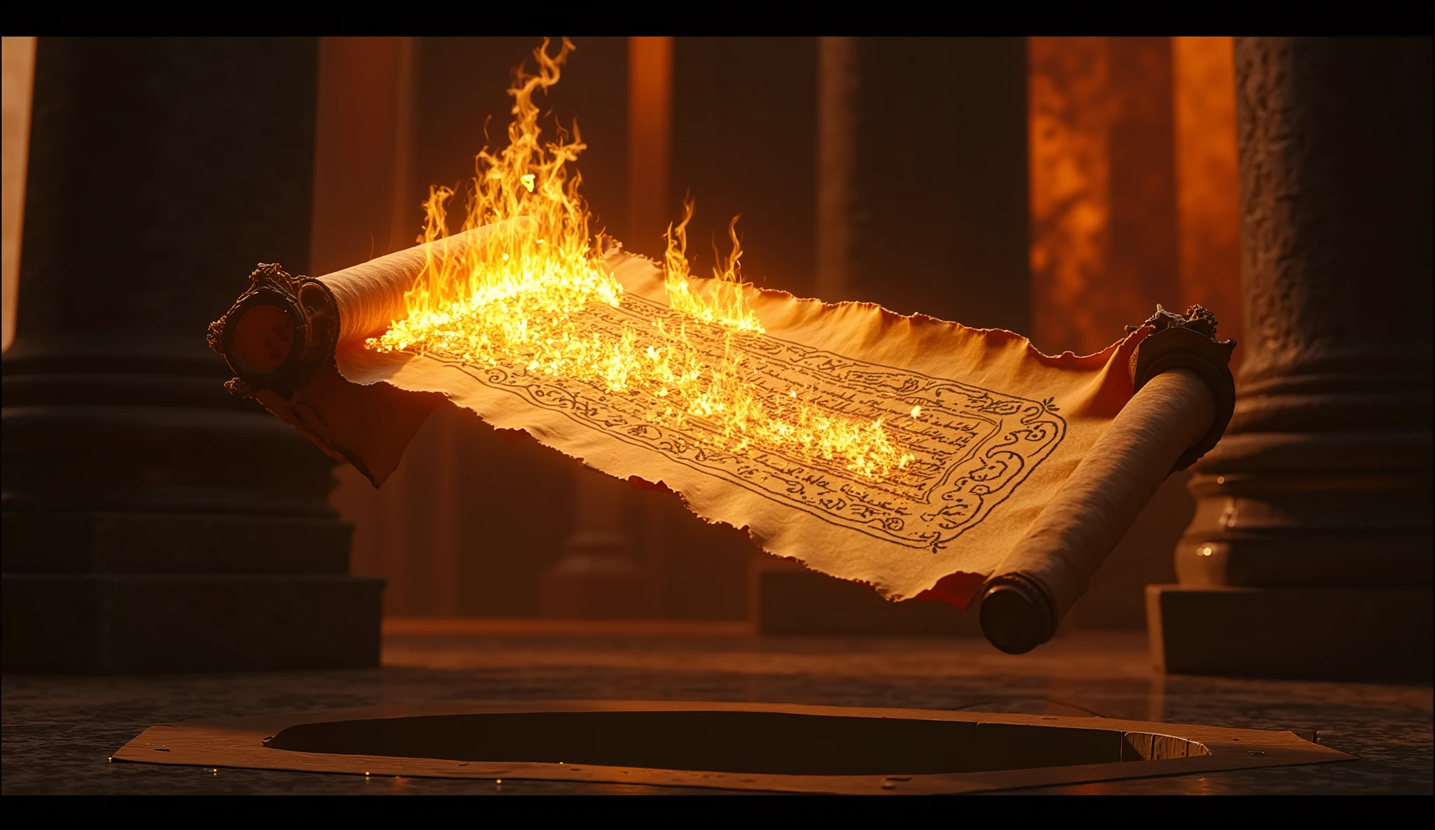1950s,An ancient scroll floating mid-air, on fire but still intact, with inscriptions glowing, untouched by the flames.
