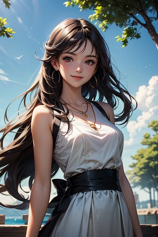 animesque、a beauty girl、poneyTail、morning、Jogging、a park、perspiring、white and black jersey、Brown hair、Brown eyes、A smile、Beautiful breasts