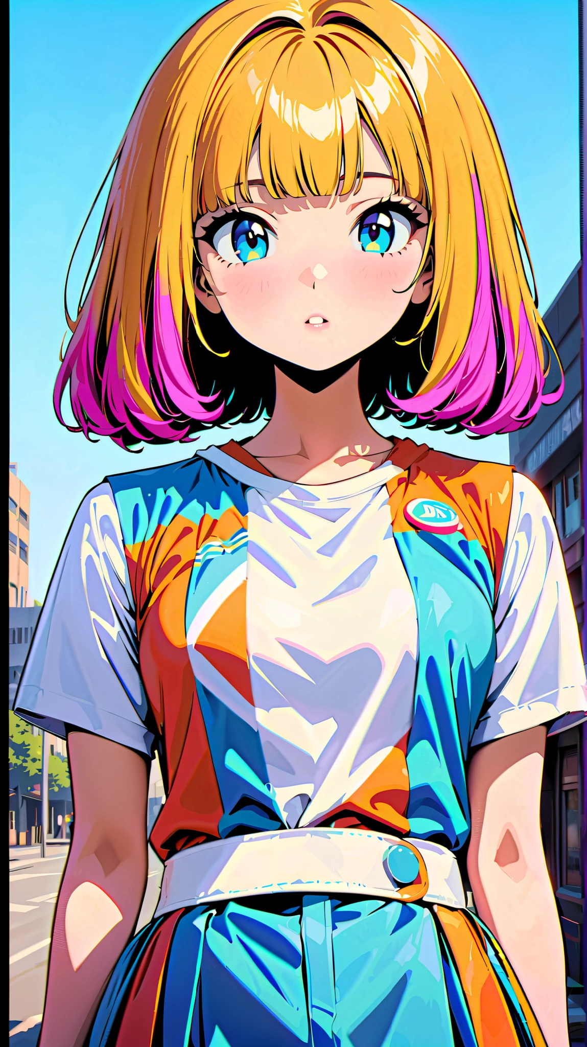 Seizo Watase style, Simple Line Initialism，Abstract art，Urban Background, colorful hearts ,(((The most beautiful girl of all time))),