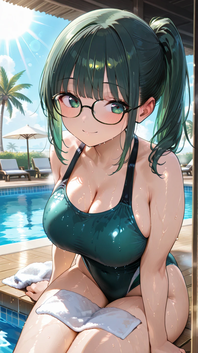 score_9_up, score_8_up, score_7_up, 1girl, solo, mature female, Maki, green ponytail hair, yellow eyes, glasses, red lips, parted lips, fit slim body, perfect medium erected breast,(((highly detailed eyes))), (((nude tits, piercing nipples, tight leopard thong, golden earrings, golden rings, black choker with shining rhinestones))), (((white modern villa with panoramic windows, pool, sunset))), outdoors, looking at the viewer, perfect model body, ((((doing perfect deep blowjob))))) (((sucking penis deeply)))(((penis deeply in her mouth))),(((POV))) lewd look
