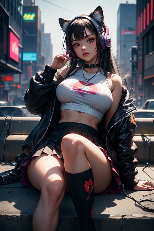 Girl meditating on the streets of New York, light rain, headphones, Buddhist clothing, Cyberpunk --auto --s2