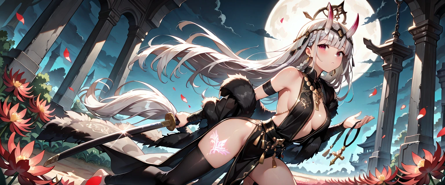((highest quality)),High resolution,Sharp focus,(Super detailed,Very detailed),{best illustration},(complete anatomy),
(Very detailed CG unity 8k wallpaper),(((Vibrant colors))),Anime Style,
gleaming skin,Natural skin texture 鮮明な詳細, (Realistic eyes, Natural skin texture, Realistic facial details), Big Tits,
glamorous_expensive_Tight waist_Long legs,curve,Cleavage,
One girl,gran blue fantasy,Azusa,ponytail,((White corner:1.4)),Beautiful and elaborate face,
Perfect Eyes,Long Hair,(White big horn:1.4),Red Eyes,(Shiny silver hair),Camel Toe,jewelry,Gold earrings,
Japanese Kimono,White kimono,Black Hakama,skirt,Black shiny gauntlets,Red Scabbard Sword,
Black long sleeves with gold decoration,(White loincloth),white loincloth,
night,Japanese style,old,Shineオーラ,moon,star,Red shiny edges,water surface,autumn,in the forest,Emitting an aura,Shine,fine particles of light,water surfaceにmoonが写る,overhead shot, (from behind), (all fours), embarrassed, smile,
