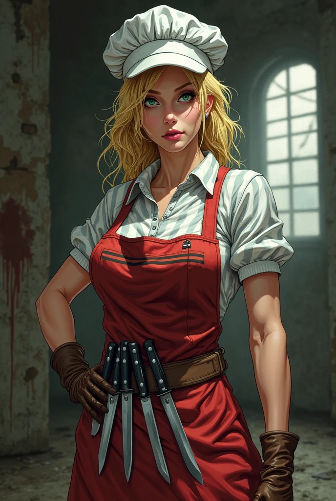 Cartoon style A blonde with two pink streaks on the side Blue eyes, white skin and freckles on the face.
social clothes (Red vest with dress shirt and dress pants underneath)
Pretty With a Baseball Bat in Her Hand. She is covered in blood and has an evil look in her eyes, she is injured and has just killed a zombie made entirely of blood.
She is having sex with a zombie