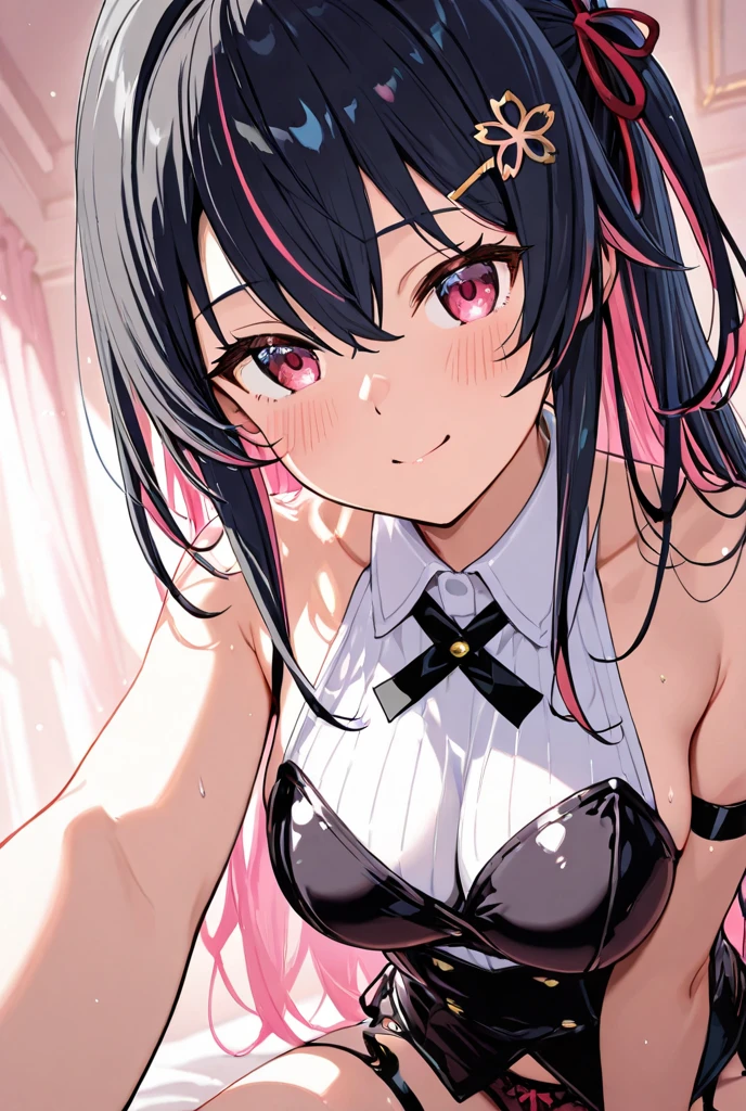 looking ahead,from above,kneel,handjob,side view,face focus,open mouth,tongue out,cum on tongue,lick,(1girl,Beautiful 14 year old girl),((Slender,Small breasts,Baby Face,Small face,)),looking at viewer,Black Hair,bangs,two side up,Gray Eyes,Drooping eyes,slit pupils,narrow eyes,Sheer black and dark pink negligee,Beautiful and detailed anime art,Mischievous smile,Dimly lit room,Simple Background,Gray background,Low lighting