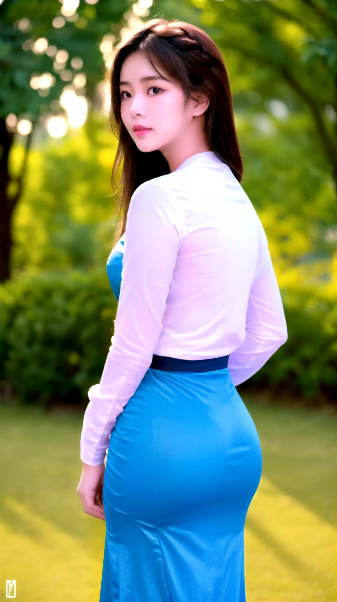 ultra high res.photorealistic:.1.4,UHD), (best quality, 4k, 8k, high-res, masterpiece:1.2), ultra-detailed, (realistic, photorealistic, photo-realistic:1.37), (beautiful detailed, extremely detailed), perfect lighting, vivid colors, ( shiny hair, shiny skin), back shot, from below, standing and looking at the viewer, outdoor background, Burmese girl, acmm ls outfit, wearing acmm top, (white) acmm top, long sleeves, wearing acmm long skirt, (blue) acmm long skirt, printed skirt.