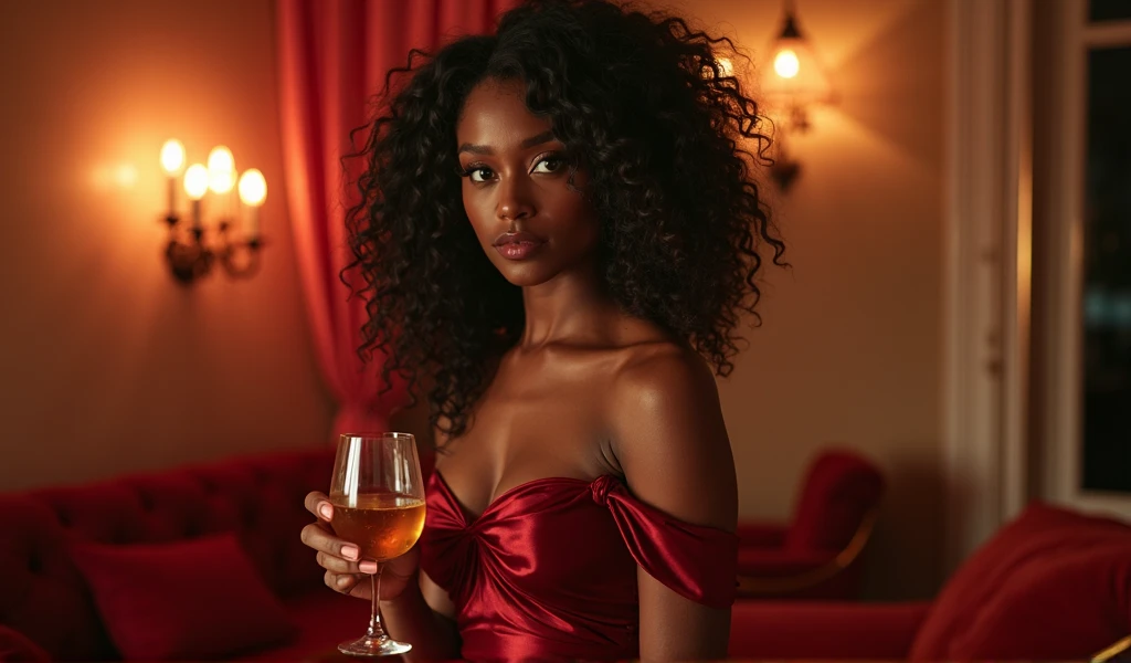 there is a black woman , the woman has curly black curly, she has dark skin, with dark brownish skin, with long curly, long black curly hair she is at a fancy restaurant drinking a glass of wine