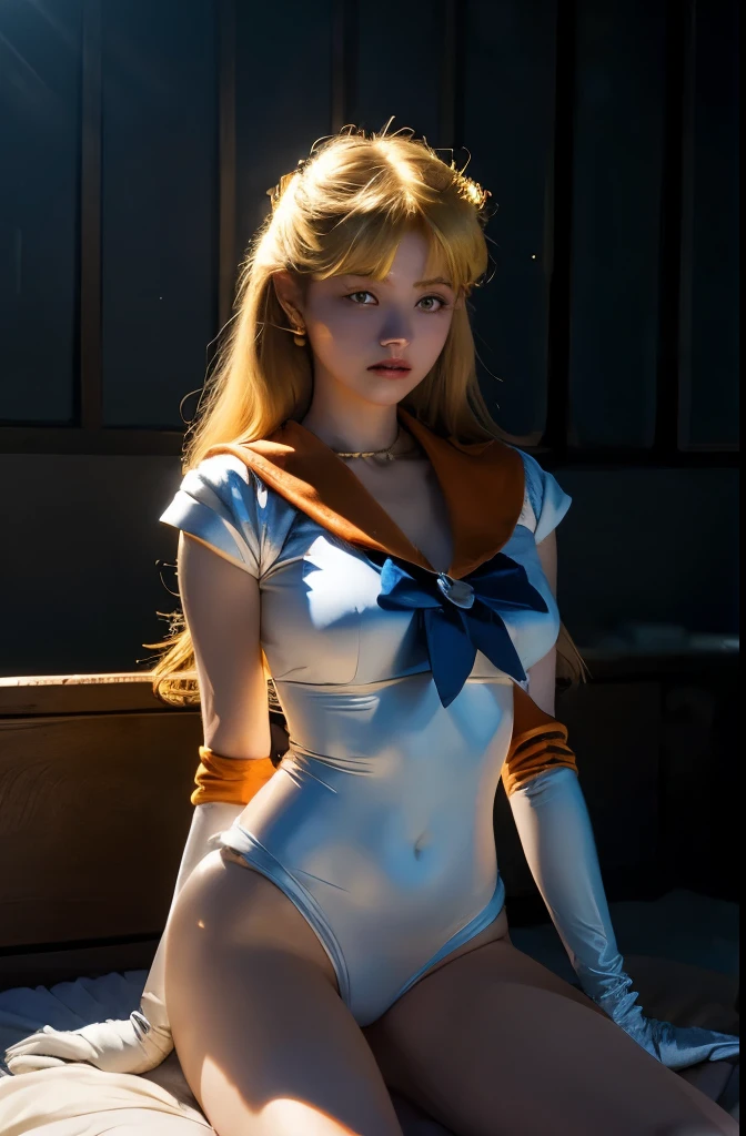 ((masterpiece:1.4)、(highest quality:1.4)、(realistic:1.7))、Masseter muscle part:1.4、beautiful girl、(sailor moon:1.4)、Tsukino Usagi、Body fit sexy sailor warrior uniform、(latex shiny)、(The jacket is a white sleeveless sailor uniform.)、(Skirt Blue Sexy Ultra Ultra Pleated Mini Skirt)、The collar of the sailor suit is blue with two thin lines..、high leg swimsuit、red cloth decoration on the chest、(wearing white gloves)、pretty girl、Super beautiful、sharp focus、portrait photography、(perfect female body:1.4)、perfect proportions、Upper body shot:1.4、beautiful face、beautiful eyes、tight waist、beautiful feet、(yellow hair:1.4)、spread legs、show white panties,(hair length:1.2)、beautiful breasts、big and full breasts:1.2、sexy ass、RAW photo、red lips、red high heels:1.4、choker:1.4、necklace:1.4、earrings:1.4、luxurious golden tiara:1.4、1 screen display、moon、cosmos、spaceship、space station、city of the future