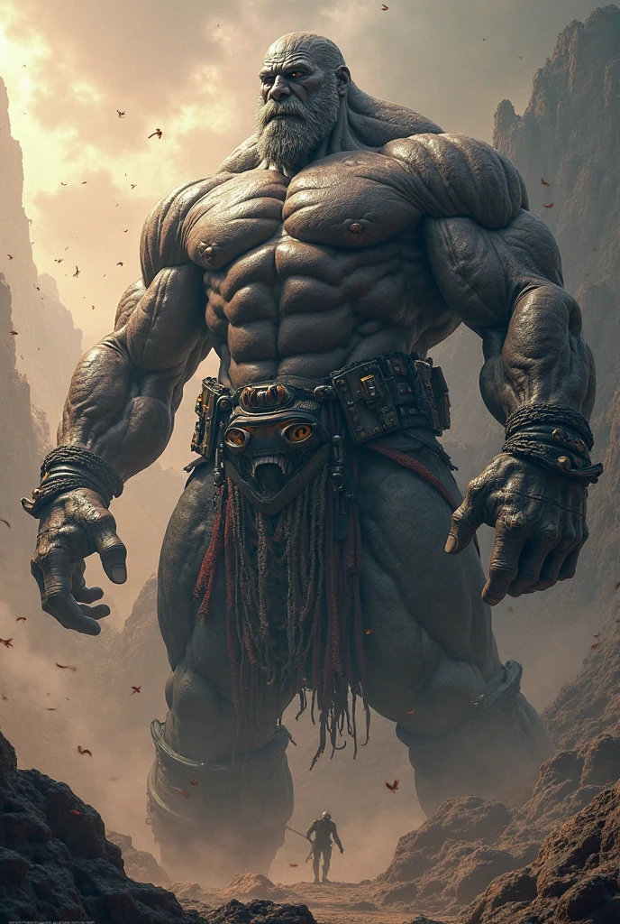 Male goliath ((tall, strong, muscular)), fierce expression, adorned with ((earrings)), rugged gray skin etched with intricate ((tattoos)), prominent scar along face and arms, clad in detailed ((full plate armor)), set against a dramatic, shadowy background. The atmosphere is intense and captivating, emphasizing the goliath's formidable presence, showcasing every intricate detail in ((4K)) resolution.