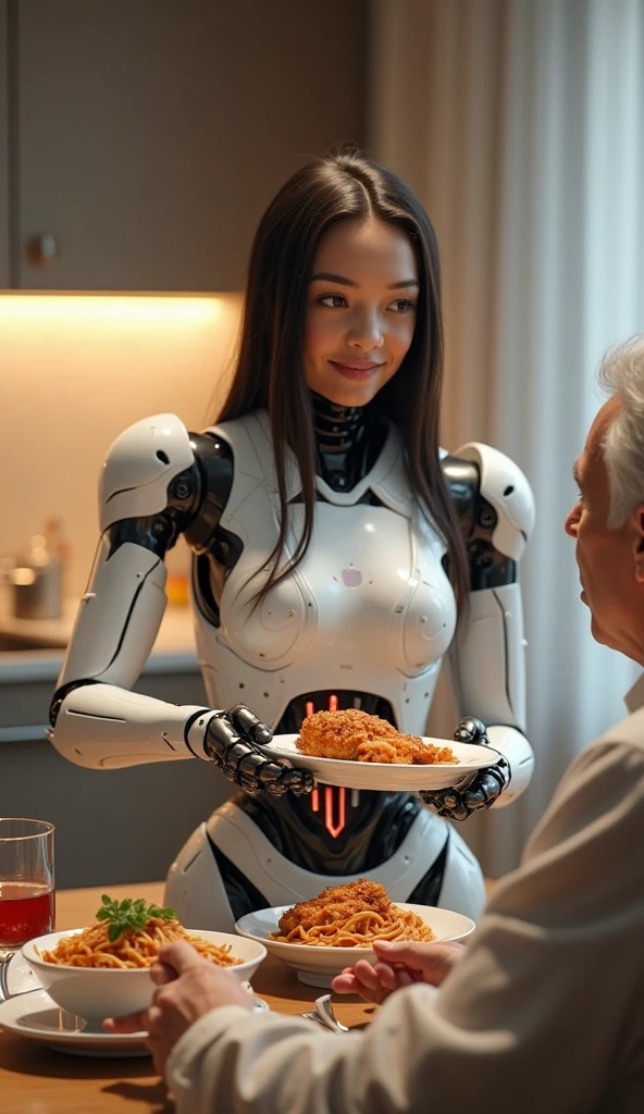  Animated classic 2d ana de armas as disney princess zelda 1950s Stepford wife in 2010s wealthy home as muscled silver robot android. Making dinner in open-plan kitchen with robotic utility limbs. 12 pack abs. big burgundy hair bun. Wearing a sleek very tight small suit. Very muscular figure. Has small silver radio antennae instead of ears.
