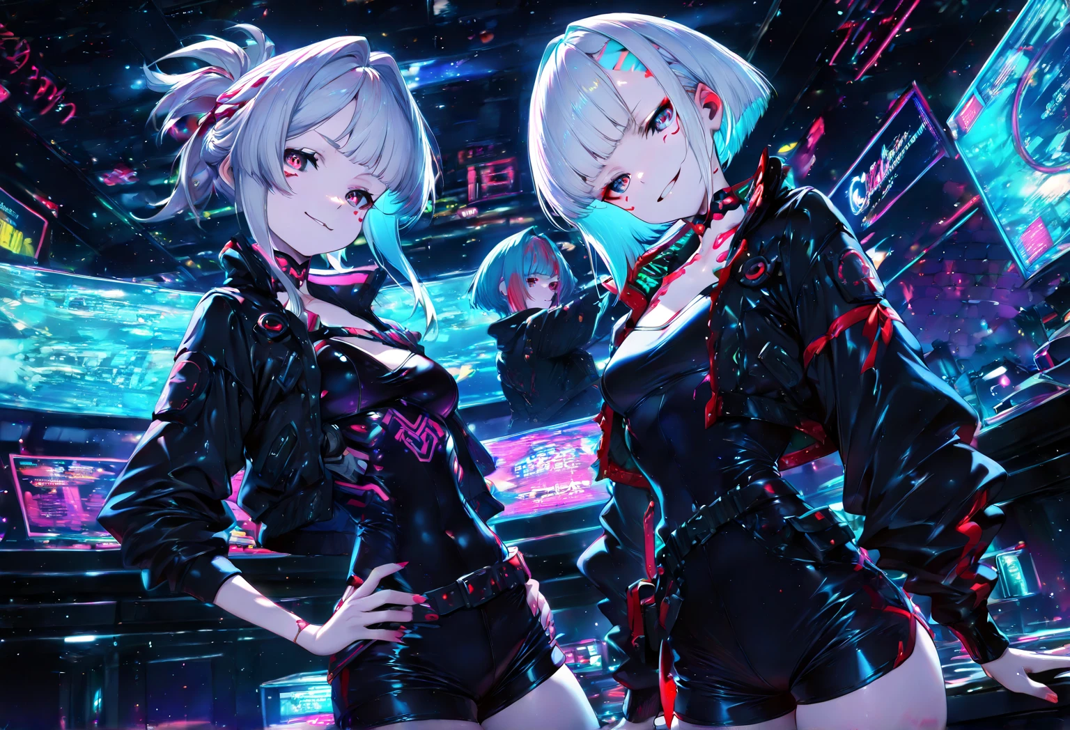 1girl, white hair, short twintails, extremely happy, cheerful, pink eyes, wearing plain black shirt, pink skirt, black leggings, city, absurdres, high res, ultrasharp, 8K, masterpiece, looking at viewer, no hat, holding orange glowsticks in hands, wet clothes, revealing