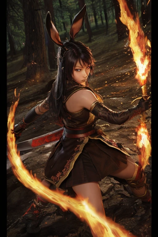 "A detailed, high-quality image of Ahri from League of Legends wearing traditional samurai armor, displaying his skill with a katana in each hand, personifying the elegance and strength of a samurai during Japan's feudal era, dynamic pose, simple background, intricate details, his nine fox tails in the background, katana swords being masterfully wielded