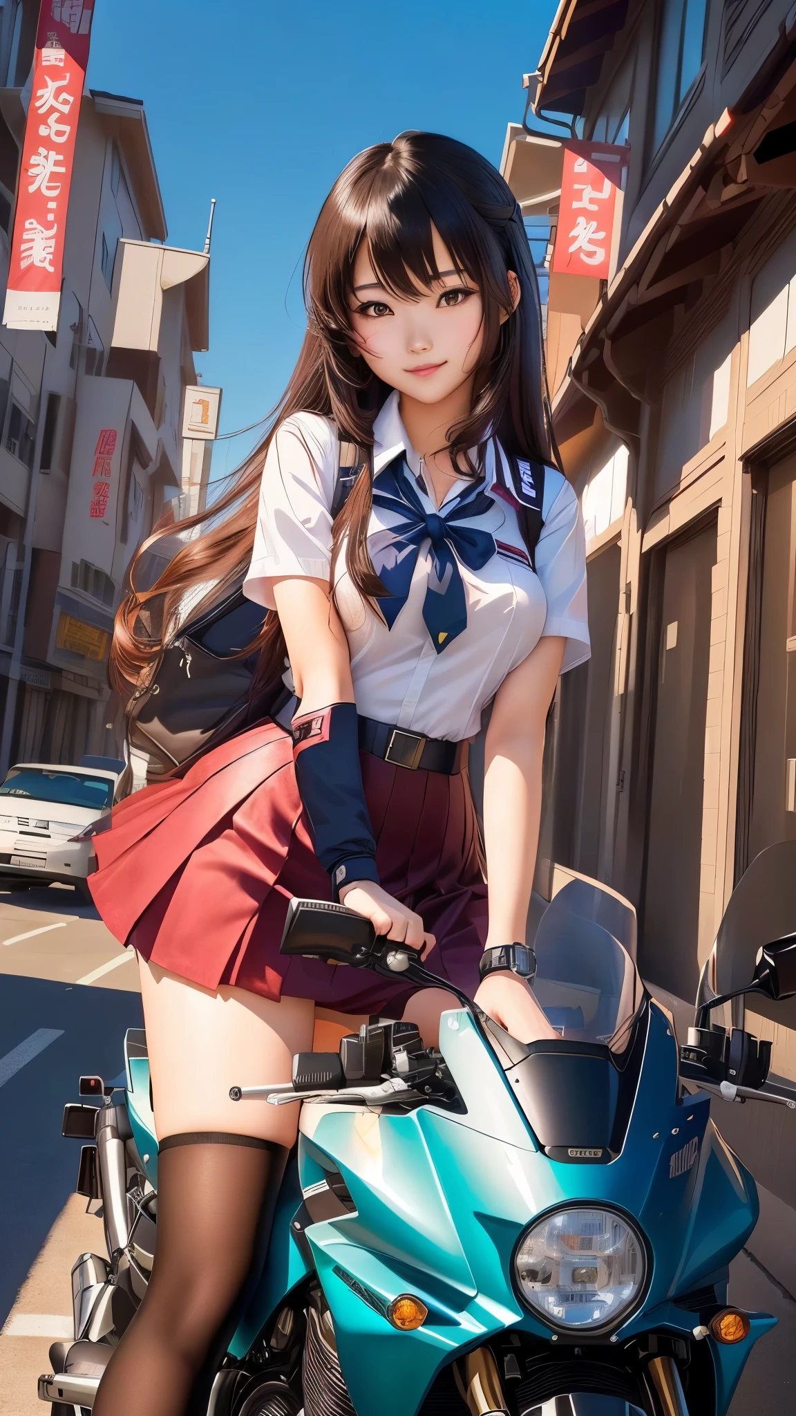 an Asian woman in school uniform posing on a motorcycle, Watch the anime girl cosplay, Beautiful Anime High School Girls, attractive Watch the anime girl, a Surreal School Girls, Watch the anime girl in real life, seductive Watch the anime girl, Surreal School Girls, fleet collection style, Female students in cyber uniforms, beautiful Watch the anime girl, Watch the anime girl, Watch the anime girls, anime style and Fujifilm