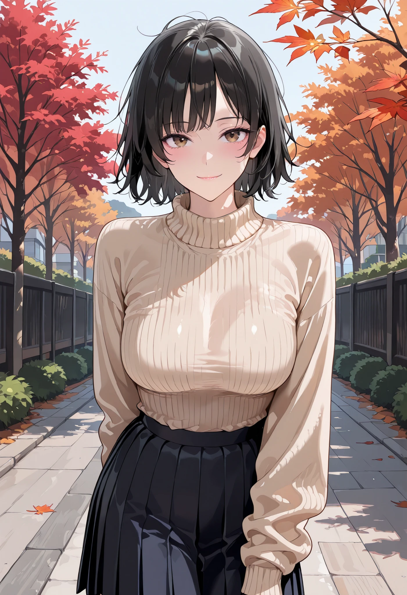 high res image, Beautiful girl with slim body, (masterpiece, detailed:1.2), (1girl:1.4), (black hair, short hair, messy hair, long side bangs), (dynamic poses), looking at viewer, (blushed, light smile), (brown eyes, detail eyes), Beautiful eyes, (average breasts:1.3), (slender body), (beautiful detailed face, beautiful detailed eyes), ((beige oversized cashmere sweater, pleated skirt)), outdoors, autumn seasons, ((cowboy shot:1.3)), seductive, lustrous skin, lustful skin, erotic skin
