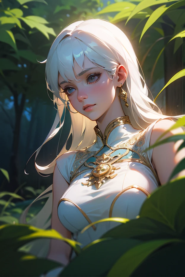 Under the soft light of the sun, an Indian woman of remarkable beauty finds herself alone, immersed in the serenity of nature. Her pale skin glows, reflecting the purity of her surroundings. Long white hair flows gracefully, capturing the essence of the wind dancing between the leaves. The black eyes, deep and contemplative, observe the world with a wisdom that transcends words. Wearing simple tribal clothing, devoid of gold or precious stones, she displays a slim waist that harmonizes with the natural beauty that surrounds her. Medium breasts and lush thighs complete her figure, a testament to the human connection to the earth. Alone, it becomes an integral part of the landscape, a calm representation of the strength and simplicity that emanate from its cultural roots.