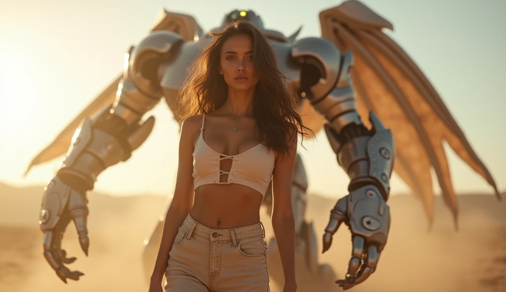 detailed,8k,photorealistic,cinematic lighting,dramatic lighting), (apocalyptic,snowy winter landscape), (beautiful mature milf woman,2, gorgeous european features, cleavage,long wavy brown hair, intense gaze, elegant pose), (giant futuristic spacecraft,high-tech shuttle,cold icy environment)