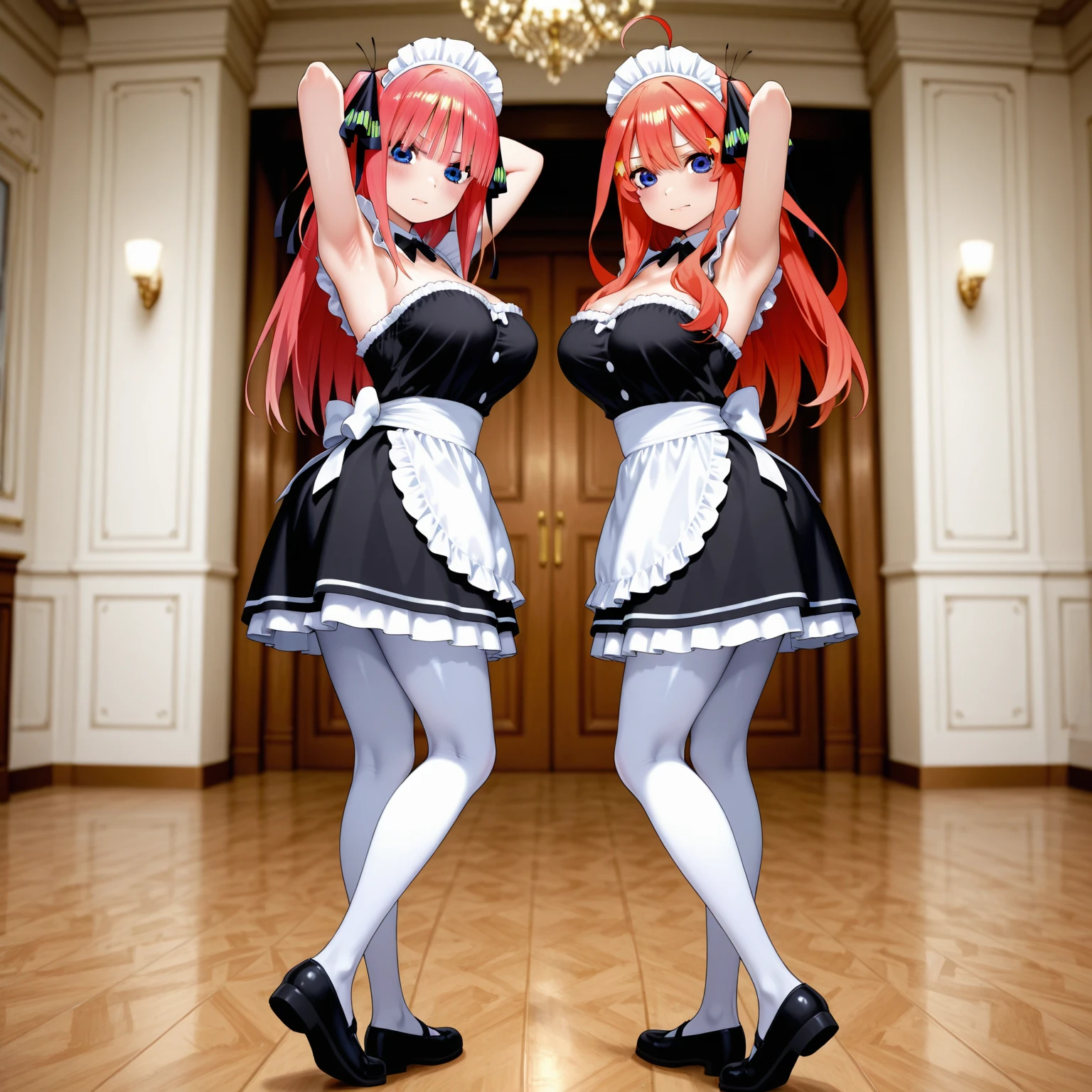 Female full body standing straight symmetrical looking to viewer pov kiss, hands on hips, barefoot together (plain background)
