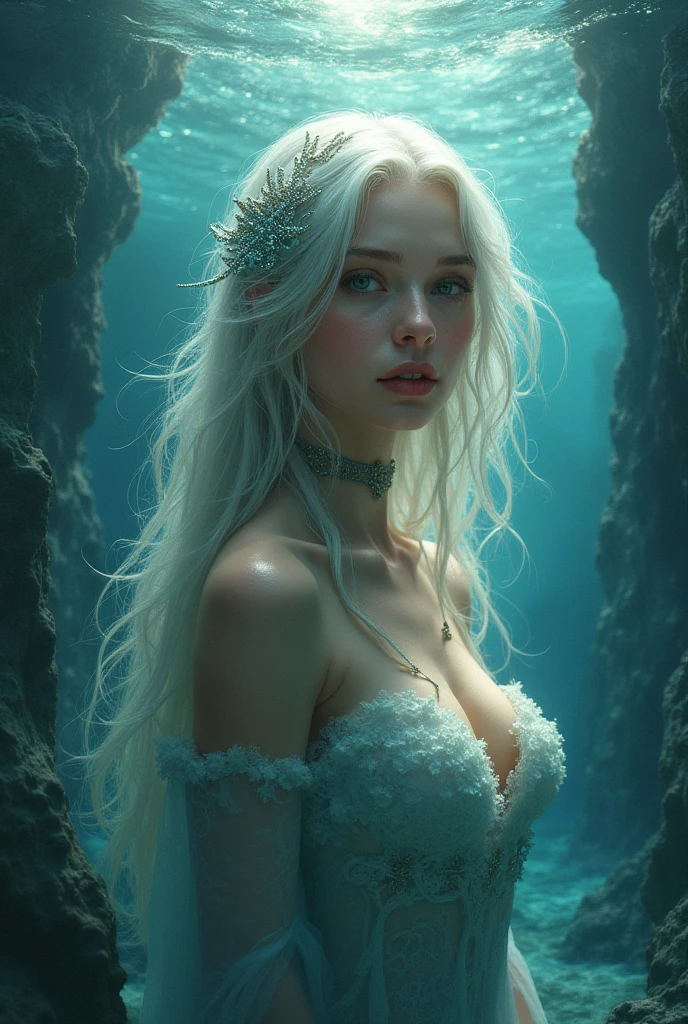 A mermaid,underwater,leaning against the sea,white hair,realistic style with fantasy elements,real characters have fish tails,high-definition,realistic Baby blue and light black,charming realistic characters,shiny skin,Surrealism,detailed clothing,The Tyndall effect,The Holy sky light enhances your features and highlights your eyes. You are the star of the show,(chiaroscuro,Fujicolor, UHD, super detail ,raw,85mm,f/1.2,FujifilmXT4,), big fake lips big boobs curvy body