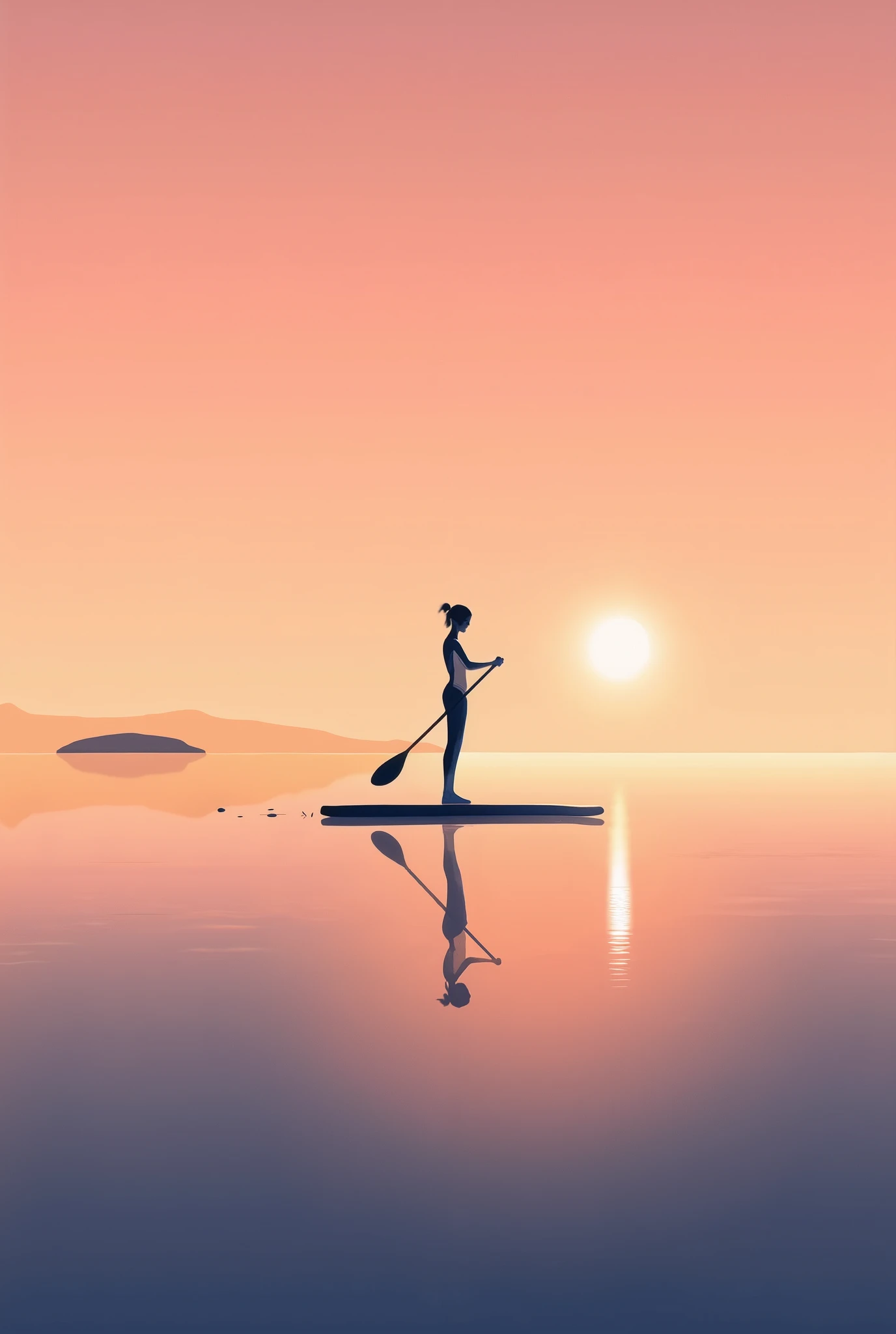 A high-resolution minimalist illustration with a silhouette of a woman riding a paddleboard in the sunset {x}. The entire illustration has a soft film texture, The silhouette is clearly reflected on a calm surface. the sky and sea are colored with warm peach and orange lights. In the distance of the horizon, the island appears in the shape of a silhouette, and, The low-floating sun leaves glowing reflections on the water. The entire illustration has a soft film texture, Vintage colors, Soft Light, expressed with an analog sensibility. --ar 4:5 --v 5 --style raw --q 2 --s 250