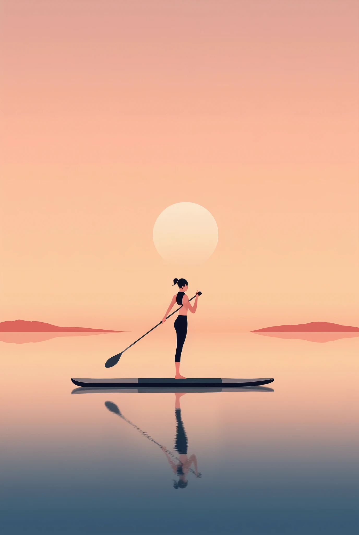A high-resolution minimalist illustration with a silhouette of a woman riding a paddleboard in the sunset {x}. The entire illustration has a soft film texture, The silhouette is clearly reflected on a calm surface. the sky and sea are colored with warm peach and orange lights. In the distance of the horizon, the island appears in the shape of a silhouette, and, The low-floating sun leaves glowing reflections on the water. The entire illustration has a soft film texture, Vintage colors, Soft Light, expressed with an analog sensibility. --ar 4:5 --v 5 --style raw --q 2 --s 250