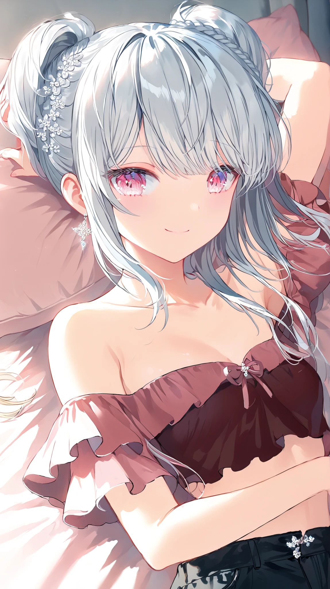 korean young woman, long silver hair with little bit of white hair made into elegant and cute hairstyle, light pink eyes, small round face, cute smile, small breasts, wearing dark red off-shoulder top and black jean shorts, background is her room of her apartment, she is laying on her bed