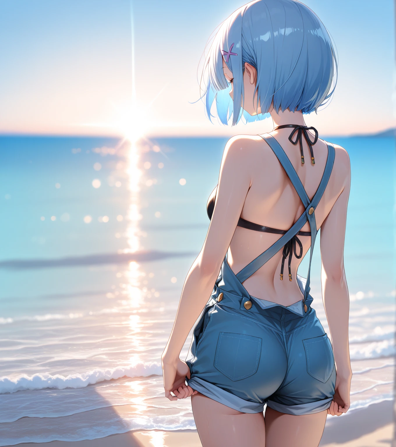 Stand up straight、(Best Quality, hight resolution, masutepiece:1.2), Ultra-detailed, Realistic:1.37, sky blue hair, Bob Hair, Sleepy eyes, Beautiful detailed eyes, Beautiful detailed lips, Smile, Choker, Woman、She has a very large and beautiful bust、facing back、Bend your waist and peek out between your legs、Show me your ass!、Backward!、Legs wide open!Full view of the butt hole、bend your back、Bring your lower body closer!Lower your head further!、Looking up at the angle from bottom to top、