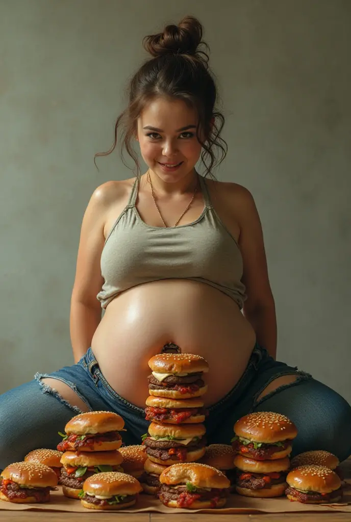 A female athlete, the epitome of fitness and beauty, with a body sculpted like a Greek goddess, stands tall and proud in front of her handsome but now overweight boyfriend. Her chiseled abs ripple as she grins, showing off her dominance. Her boyfriend, in stark contrast to her 350 kg weight, is tied to a chair begging for mercy, surrounded by piles of fast food wrappers and containers. His flabby body is covered in crumbs and grease, a clear testament to his misery in the fatty meals the female athlete has fed her. With a playful yet firm grip, the athlete holds a dripping cheeseburger in one hand, tempting him to bring it to her lips as she opens her mouth to take it. Despite his protests and whimpers, he continues to indulge his feederism fetish, ignoring her pleas for mercy. His eyes, once filled with love and adoration, now reveal a mixture of fear and desperation as he realizes that she is merely an object to satisfy his desires, highlighting the power dynamics at play. The lighting in the room provides a stark contrast between her toned form and his large, flabby body, symbolizing the stark differences in their lifestyles and roles in this unconventional relationship. His big and soft belly was held by the athlete, and her always tied his boyfriend to the chair, so that it would be easy for him to force her to eat. As a result of his actions, his belly became very big and soft until it hung down to his knees.pria itu selalu menangis