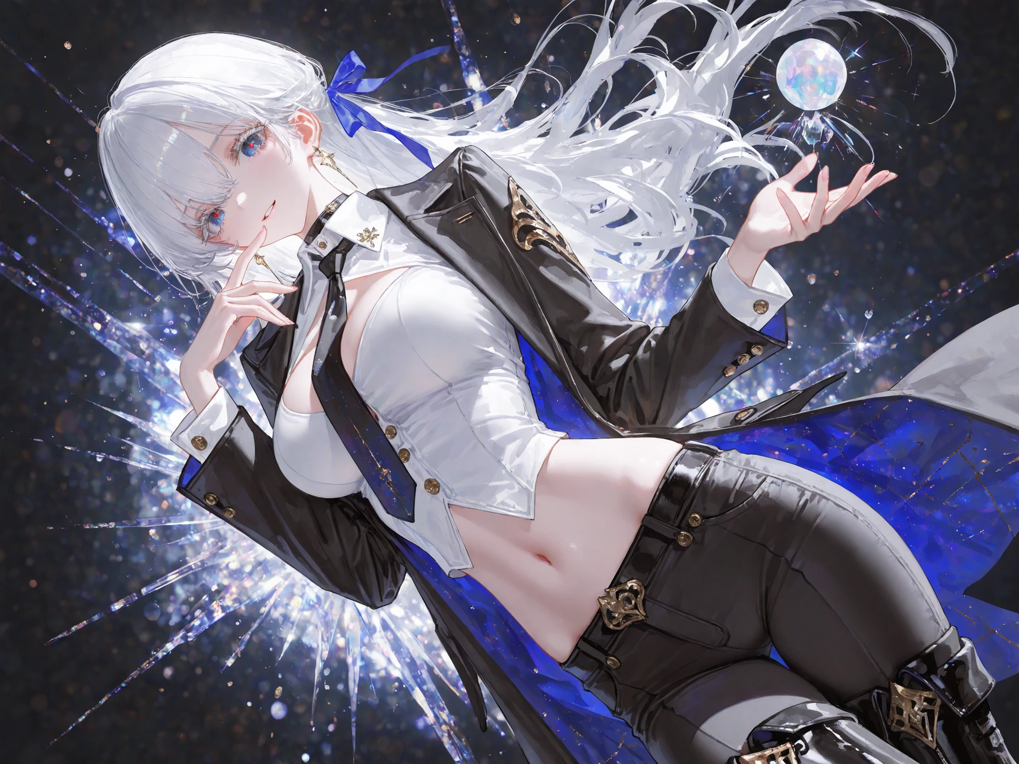 (artist:ningen_mame:0.9), (artist:sho_(sho_lwlw):0.9), (artist:rhasta:0.9), (artist:wlop:0.7), (artist:ke-ta:0.6), (fkey:0.5), (tianliang duohe fangdongye:0.5), (hiten \(hitenkei\):0.6), (artist:onineko:0.826446), (artist:hito komoru:0.8), (artist:quasarcake:0.9), (artist:reoen:0.82), artist:machi, (7769:1.21), 8k, HDR, extremely detailed face and eyes, beautiful face and eyes, perfect hands, good_hands, solo, 1girl, blue eyes, red pupils, white eyelashes, white hair, long hair,hair ribbons, hair between eyes, large breasts, curvy, beautiful, sexy, cool,  short cargo pants, white crop blouse with collar, tie, suit jacket, platform boots, stomach, navel, solo, cowboy shot, artistic error, looking at viewer, smile, parted lips, finger to mouth, sideways, city background, low angel shot, focus boots, masterpiece, best quality, amazing quality, cinematic angle, cinematic shadows, Glowing_Lights, glowing_light, glowing, glowing_effect, sparkling, particles, sparkle_effect, light_particles, glitter, glitter_effect, bokeh, light_bokeh, light_reflection, Abstract_Marble, abstract, pattern, abstract_pattern, marble_pattern