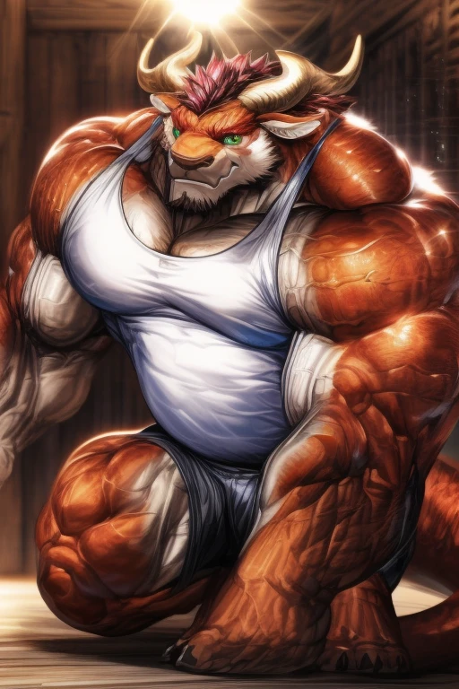 , anthropomorphic wolf, furry, 6'7 and 233 lbs, 50" Chest, 21" Shoulders, 17" Biceps, 36" Waist, 25" thighs, 17" calves
20" back, orange fur with red on the tips on his ears and brush of his tail, red hair, mohawk hairstyle, red eyes, wearing blindfold, gagged, dimly lit room, warehouse/factory setting, bondage scene,7" bulge