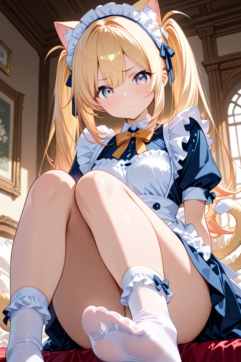 1girl in, (No Panties),(OPEN twat), length hair, blue eyess, blonde hair, diadems, sitting on, I don't wear any underwear、A pose where you can be seen from below、Spreading legs with both hands、full view, doress, the bow, The card, pinafore, shairband, PlayingCards, looking at the viewers, shortsleeves, the bow of the hair, blue hairband, a smile, red blush, hand on own face, blue dress, alice(alice in Wonderland), hair between eye, a chair, Black pantyhose, blue the bow, a throne, puffy sleeves, Put your hand on your cheek, bangss, apron dress, shortsleeves, bow ribbon、very long hair、mini crown、foot out of frame、frilld、white pinafore、:q、masterpiece、top-quality、((lifted skirt、Pussy、camel's toe)))、SEX、NFSW、anus,