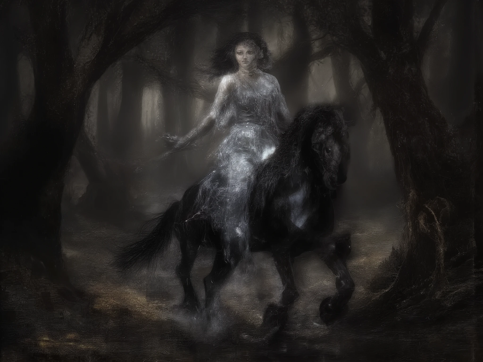 Create a girl made of glass, perfect proportions, riding a black horse, through a dark forest, dark details, light reflecting on the woman, divine aura