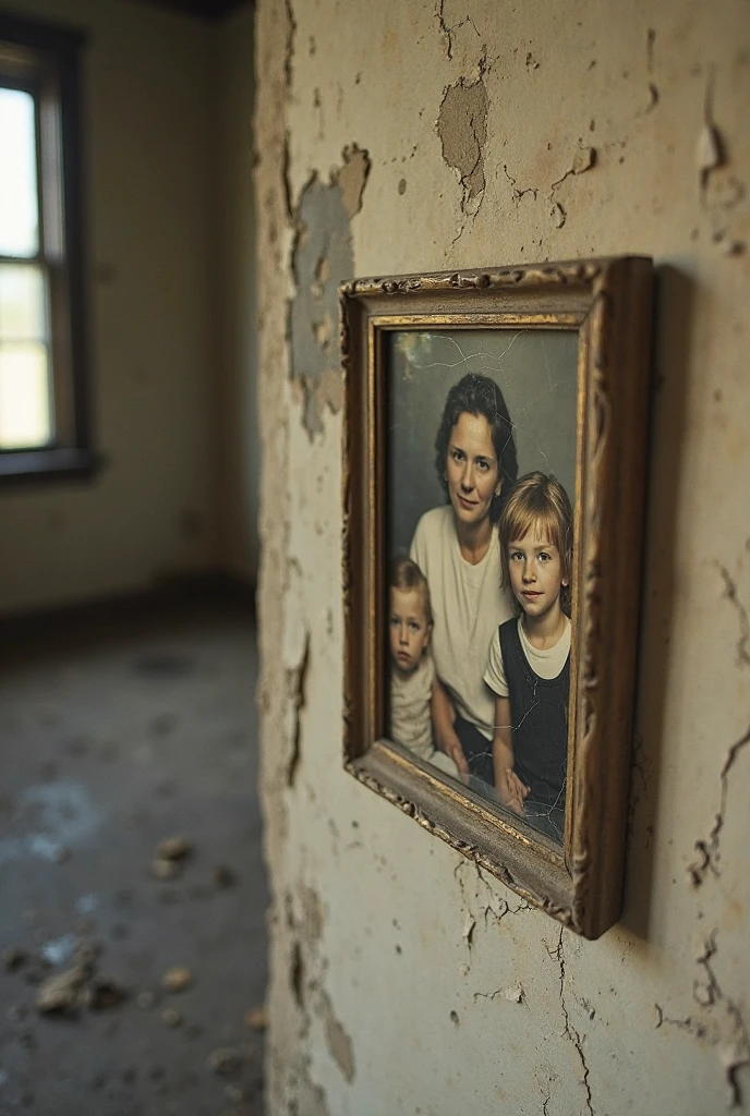 Whispers begin, and the family photograph emily looking across the room changes, the smiles turning grotesque, the eyes becoming dark voids she got scared, the photograph of the family was scary
ADULT emily is still standing across the room while looking. at the photograph change with the ruined furniture and peeling of the wallpapers