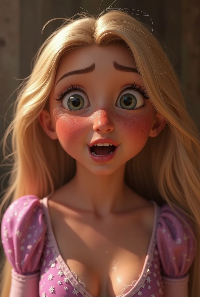 Rapunzel nue qui montre son anus en gros plan, 1 fille, Solo, Sourire, Yeux bleus, Cheveux Blonds, réaliste, visage extrêmement détaillé, sans vêtement, anus détaillé, émotion surprise