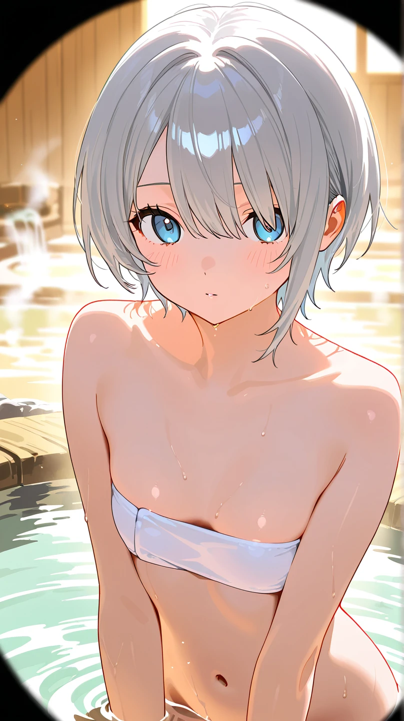 best quality, masterpiece, short white hair with blue streak, blue eyes, parted lips, makeup, blush, (onsen), small cheast, nsfw, bare shoulders, collarbone, upper body, close eyes, (from back:1.1), light smile,